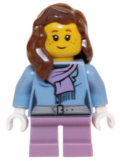 LEGO Minifigure-Medium Blue Jacket with Light Purple Scarf, Medium Lavender Short Legs, Reddish Brown Female Hair over Shoulder (60099)-Holiday / Christmas-HOL059-Creative Brick Builders